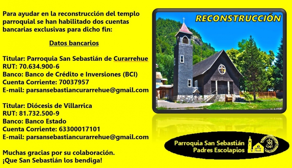 Apóyanos en la reconstrucción - Parroquia San Sebastián de Curarrehue